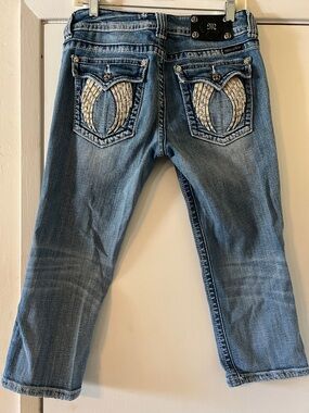 Miss Me Medium Blue Bootcut Capri Jeans with Embroidered Wing Pockets